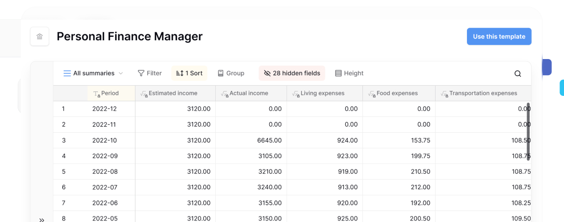 Personal finance manager table showing monthly income, living expenses, food costs, and transportation expenses in Baserow