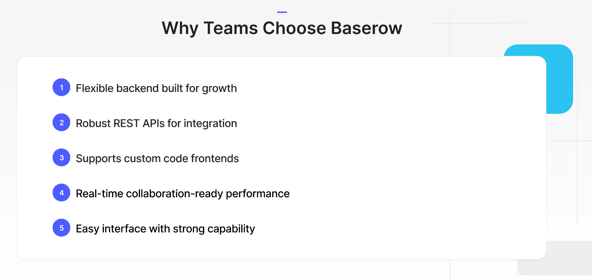 A white card displaying the heading ‘Why Teams Choose Baserow’ with five numbered bullet points highlighting key advantages: flexible backend for growth, robust REST APIs, support for custom code frontends, real-time collaboration performance, and an easy interface with strong capability.
