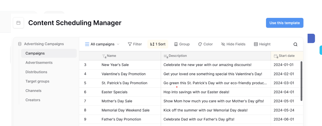Content scheduling manager interface showing campaign names, descriptions, and start dates in a structured calendar-style database view