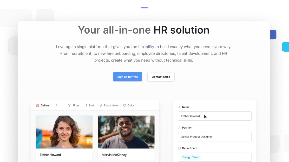 All-in-one HR solution interface from Baserow featuring employee directory in gallery view and editable employee profile fields like name, position, and department