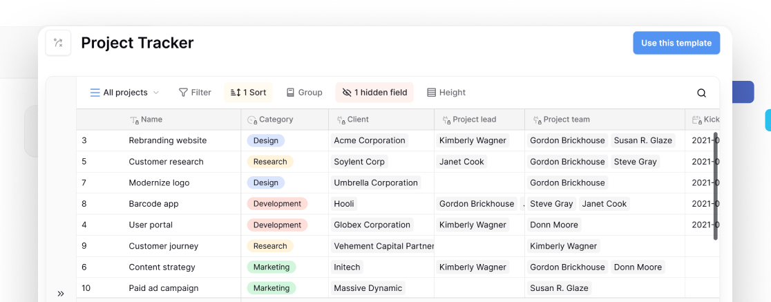 A project tracker template showing categorized marketing tasks with project leads and teams in Baserow’s collaborative workspace interface.