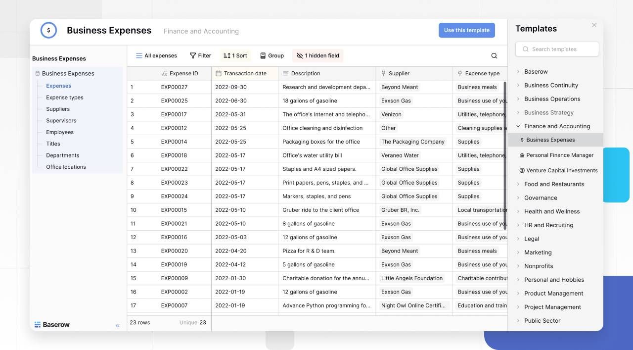 Baserow Business Expenses template