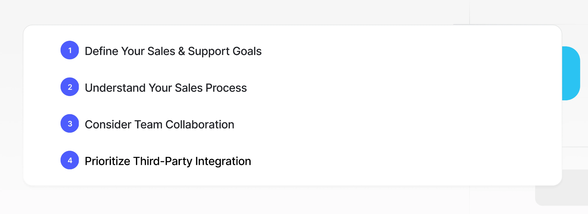 Checklist showing four key steps to choose a CRM for startups: define goals, understand sales process, encourage team collaboration, and ensure third-party integration