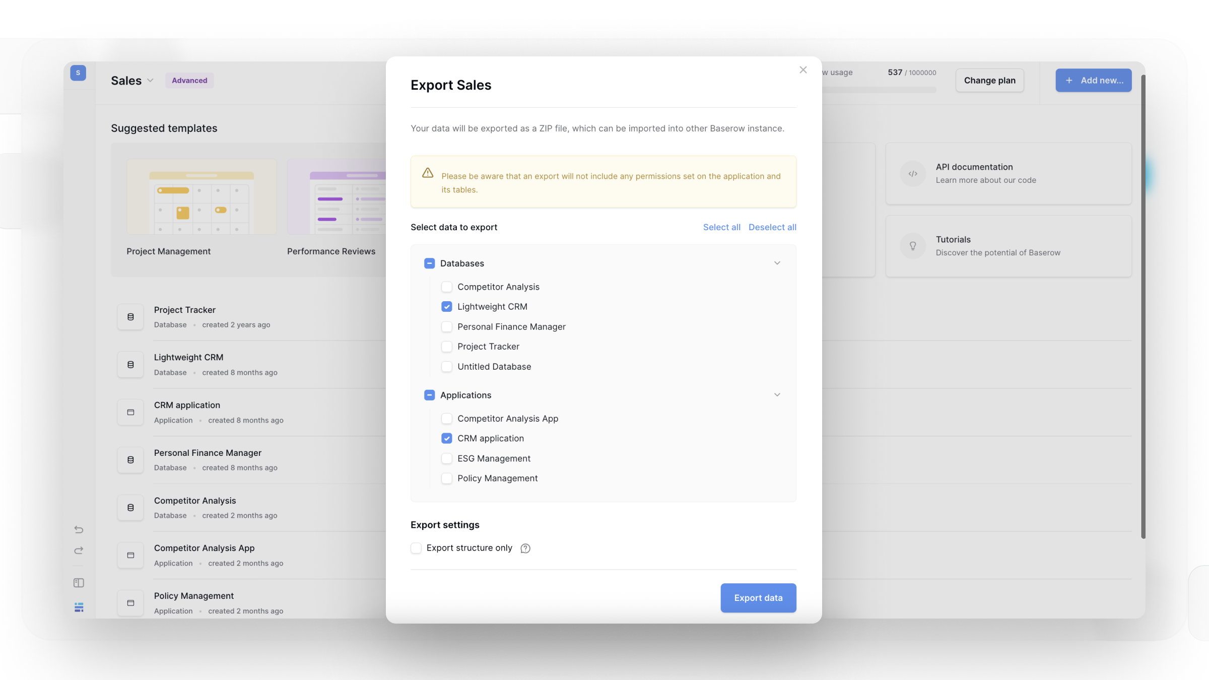 Allow application selection during workspace export