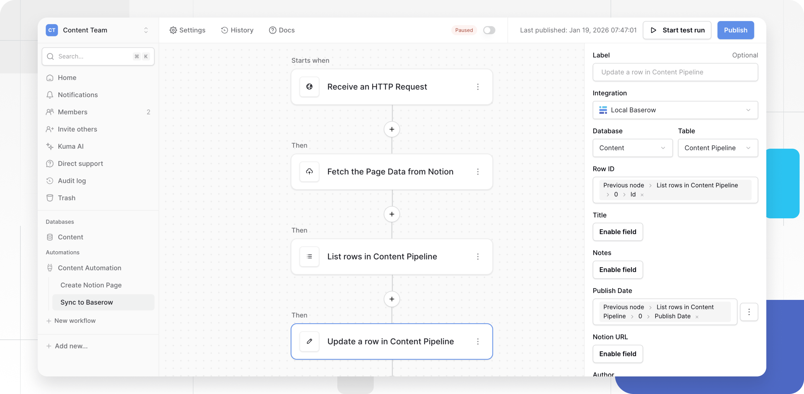 Workflow B – Status Update in Notion → Sync to Baserow