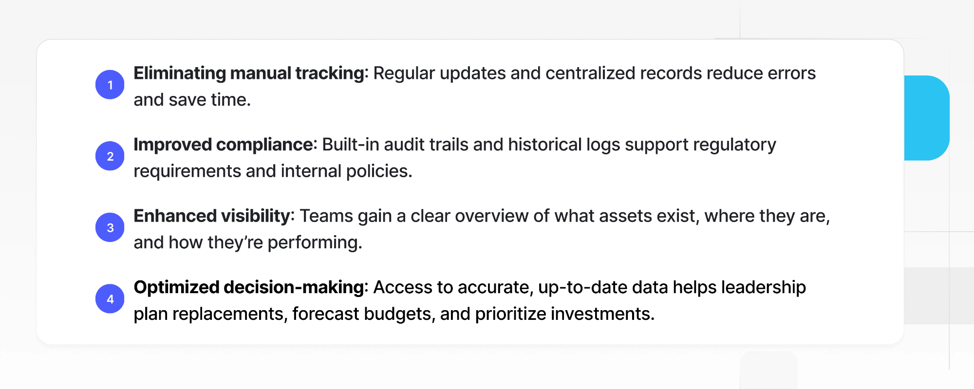 Visual summary of four key benefits of using Asset Management Software: eliminating manual tracking, improved compliance, enhanced visibility, and optimized decision-making