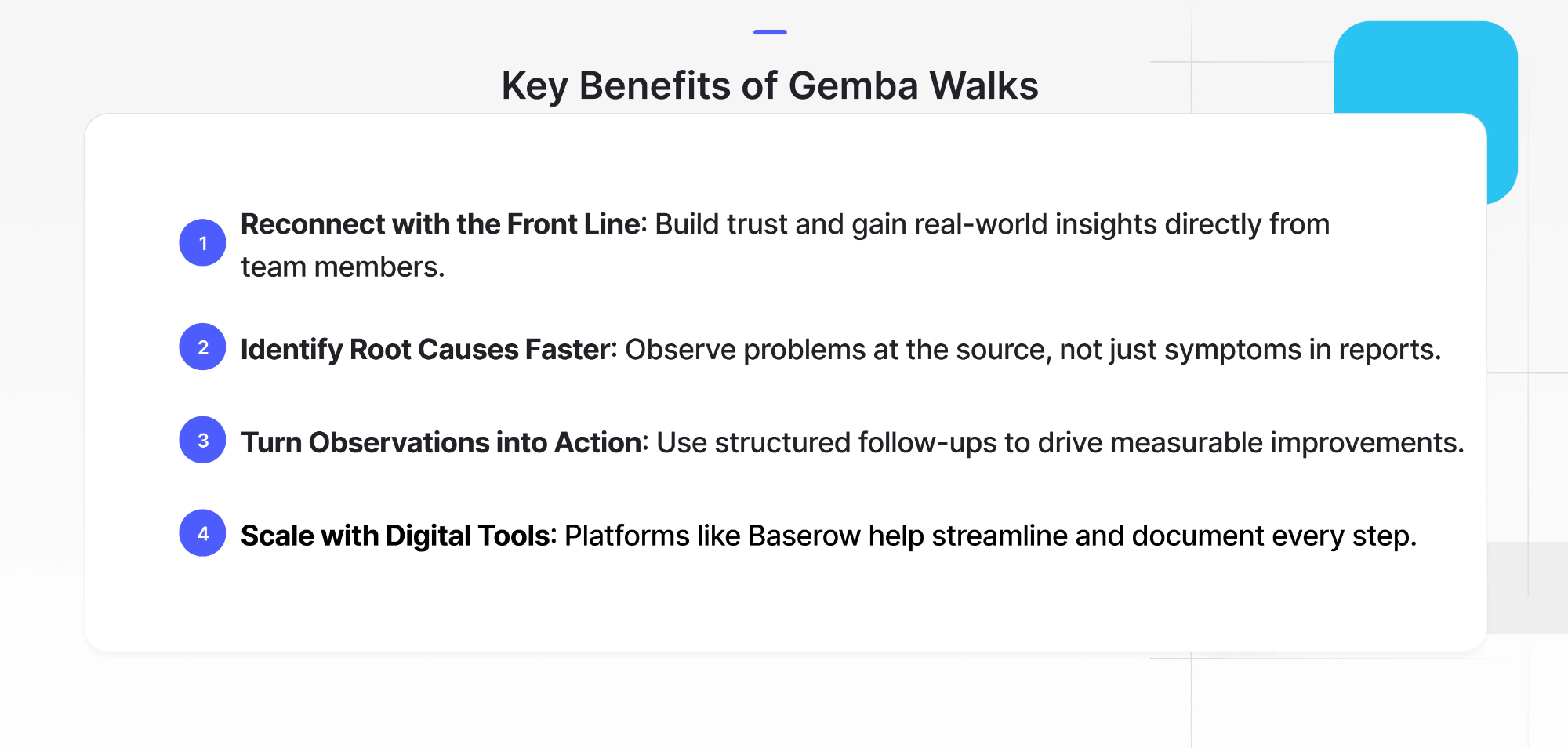 Visual list of four key benefits of Gemba Walks: reconnect with the front line, identify root causes faster, turn observations into action, and scale with digital tools like Baserow