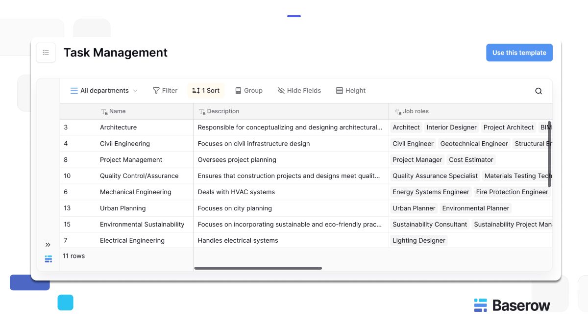 Task management table interface in Baserow showing structured roles and departments like project management, urban planning, and architecture, with a customizable database view