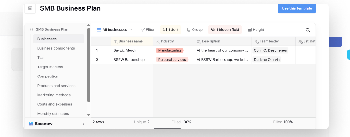Screenshot of SMB Business Plan template in Baserow showing business components, target markets, and team details for organizing a comprehensive business plan