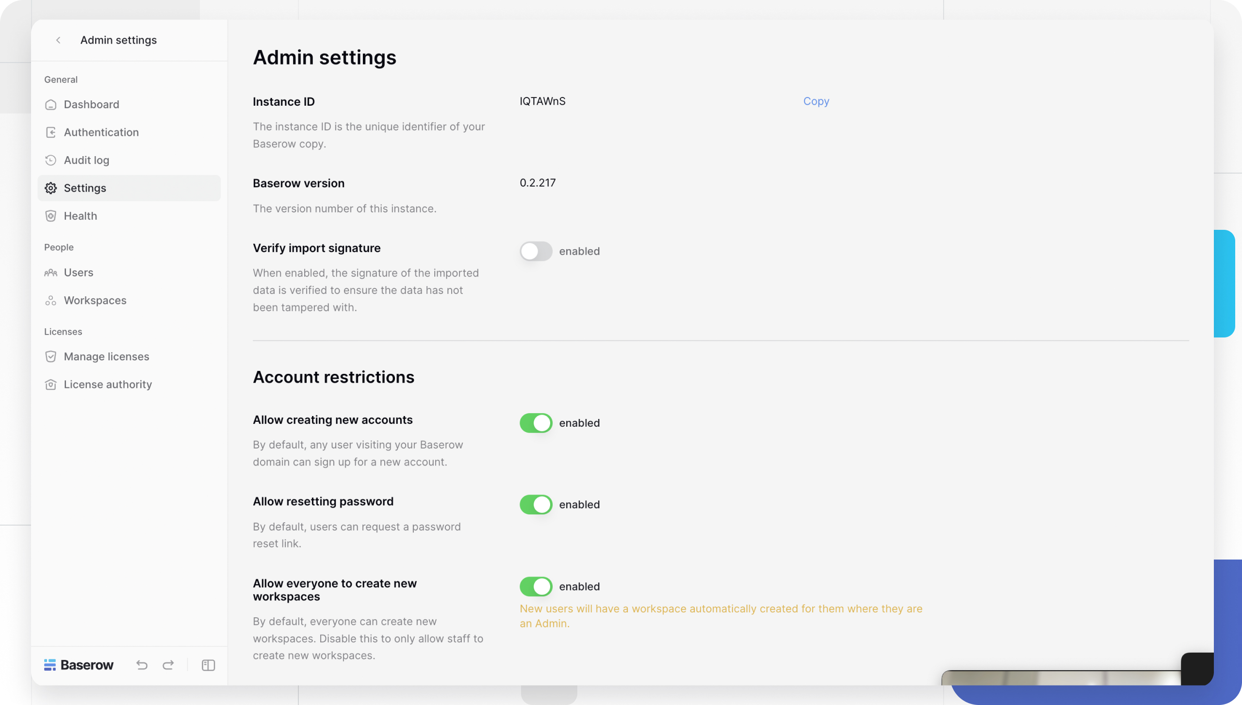 Admin settings Baserow