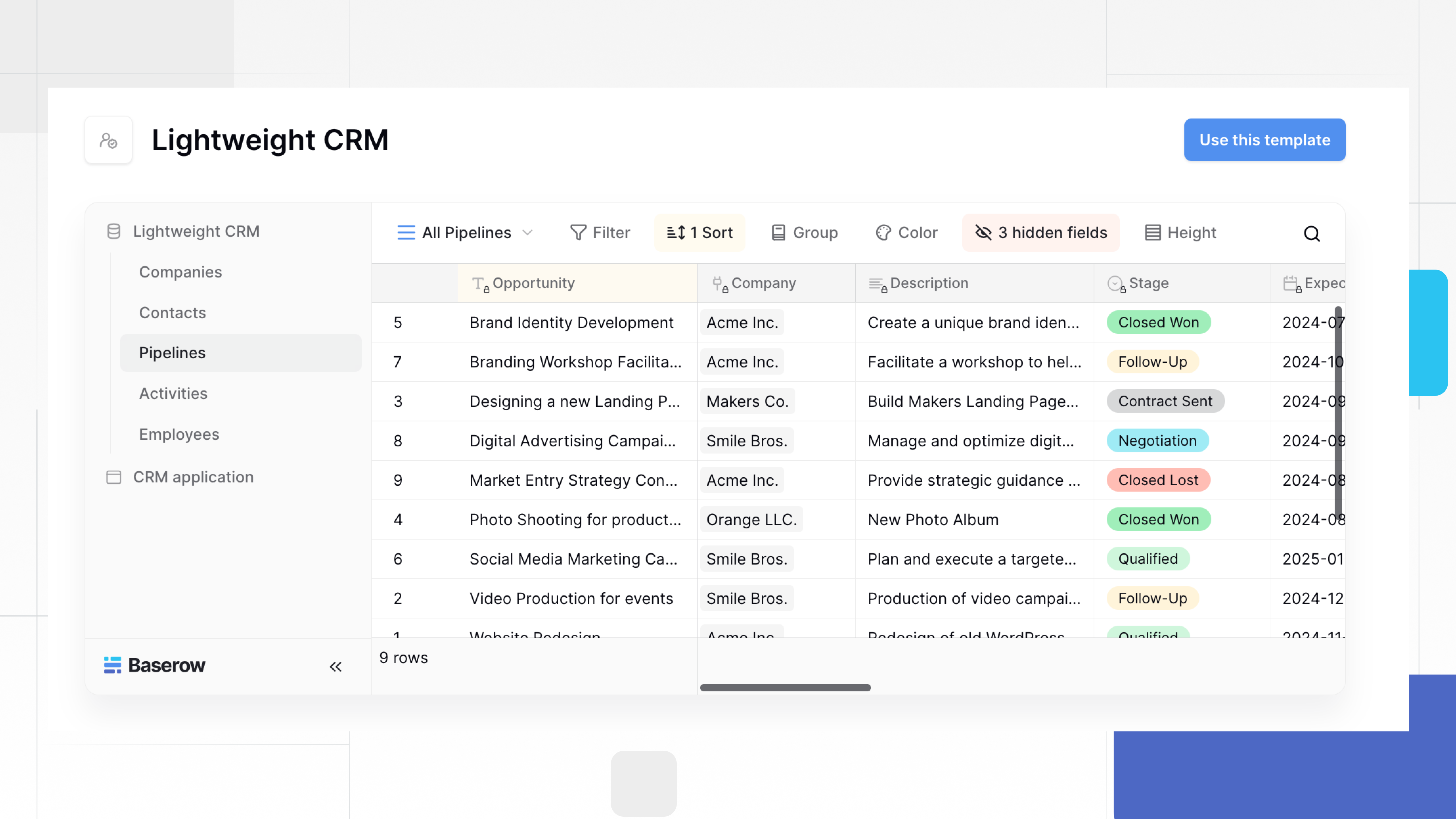 Baserow lightweight CRM template