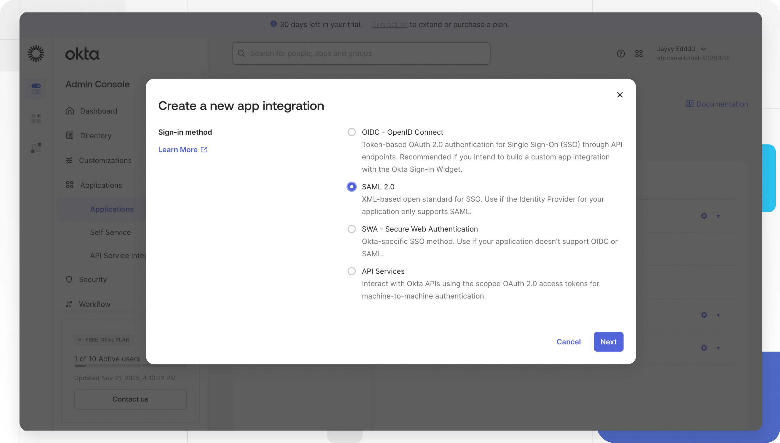 Create the Application in Okta