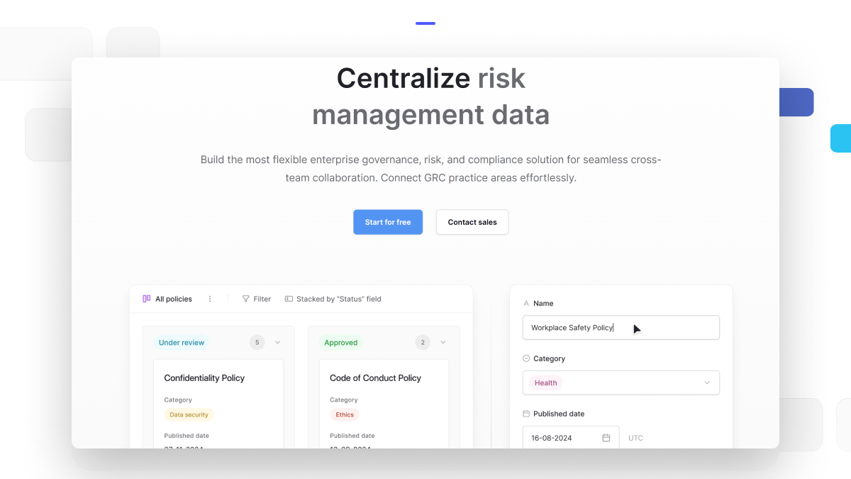 Baserow interface displaying centralized risk management data, including workplace safety policies categorized by status and compliance type