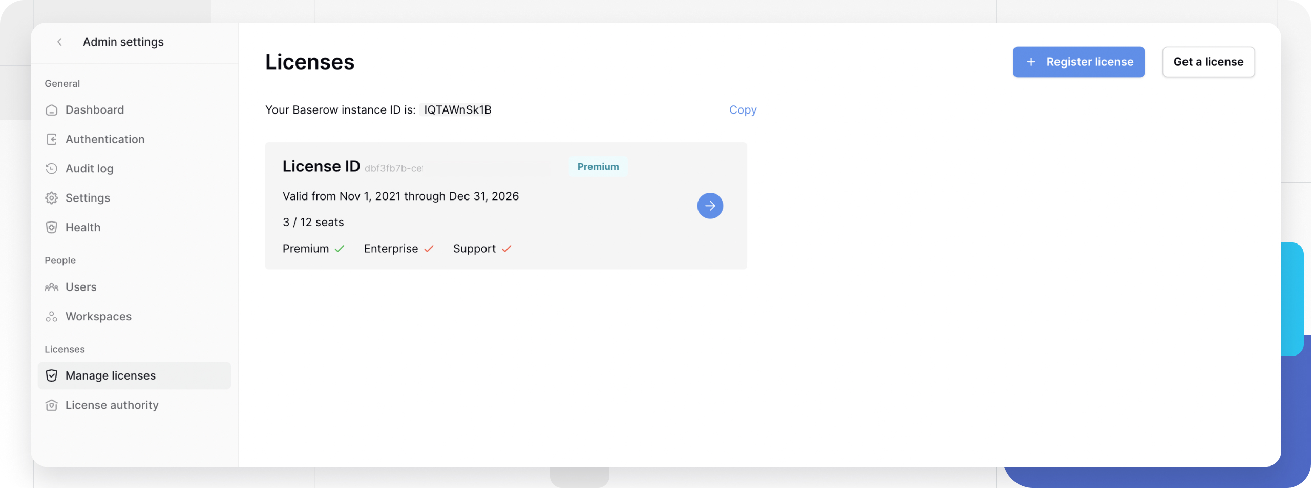 Access Manage Licenses page