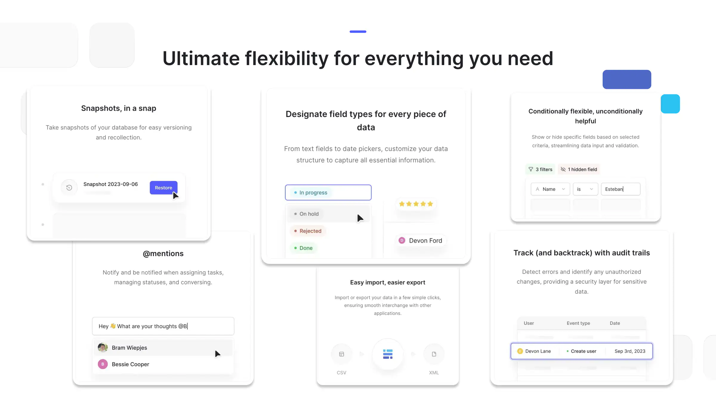 Baserow feature overview displaying database flexibility options such as snapshots, custom field types, conditional fields, mentions, data import and export, and audit trails for managing data efficiently.