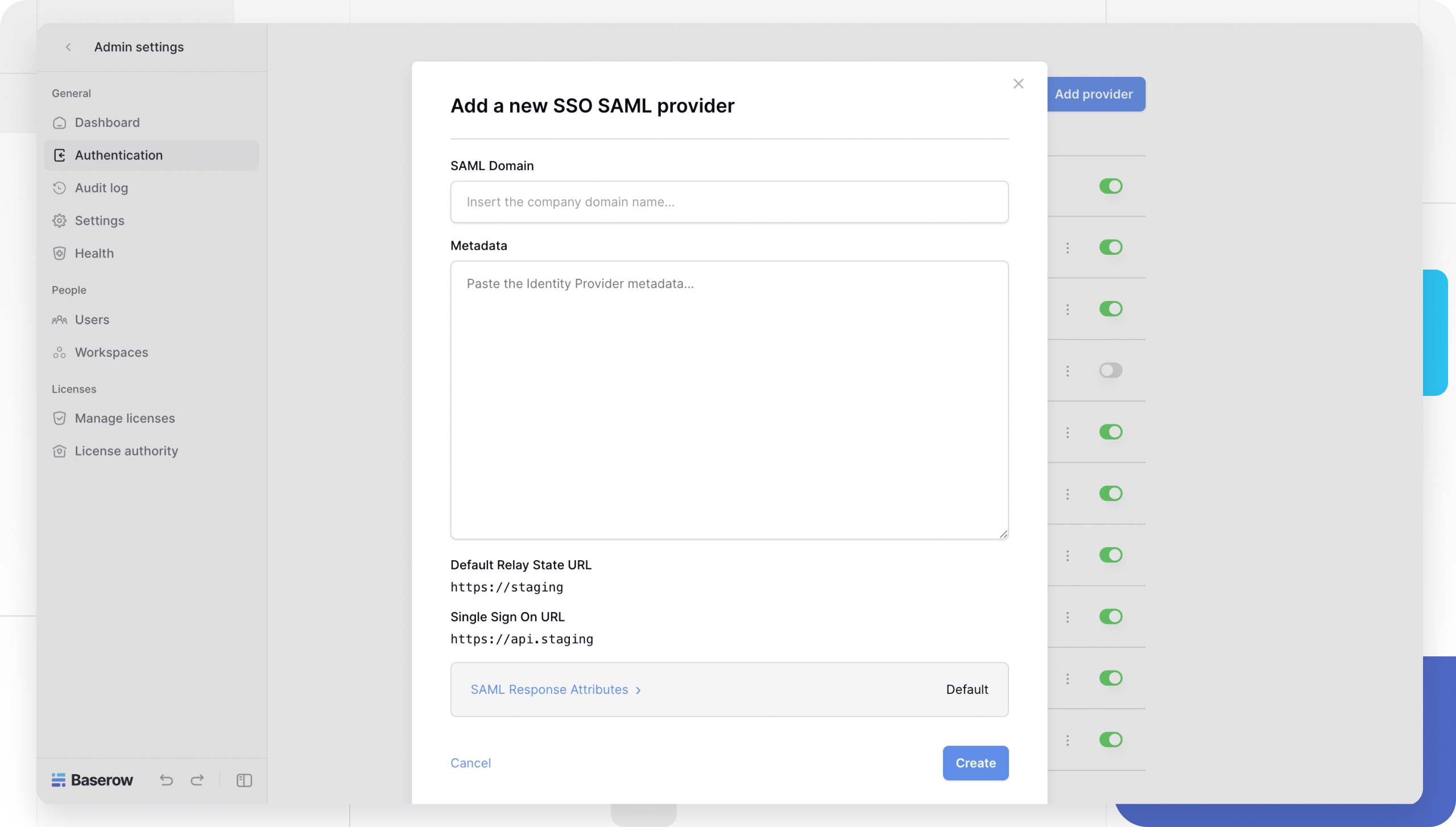 Add a new SSO SAML provider in Baserow