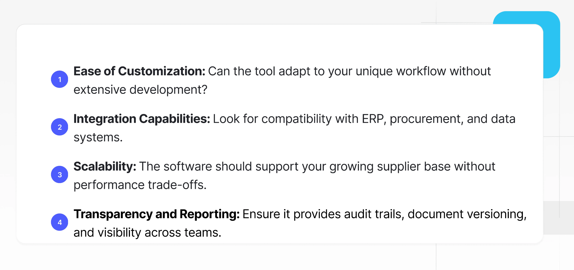 Checklist graphic showing four factors for choosing supplier compliance software: ease of customization, integration capabilities, scalability, and transparency and reporting.