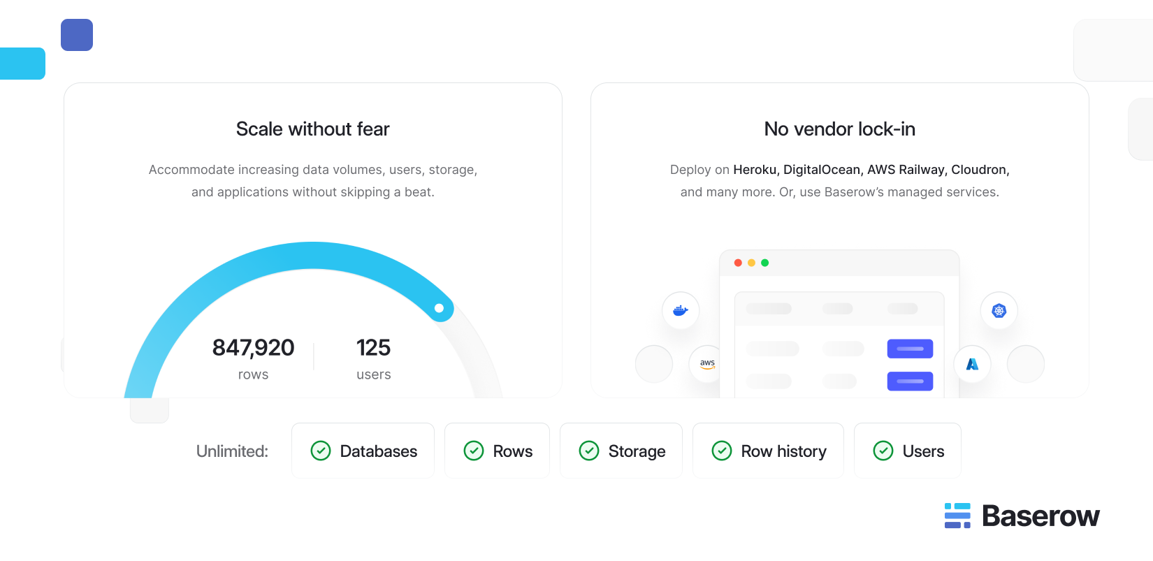 Baserow interface showing scalability and deployment options. The left panel highlights the ability to handle 847,920 rows and 125 users with unlimited databases, rows, storage, and users. The right panel emphasizes no vendor lock-in, with deployment options on Heroku, DigitalOcean, AWS, Railway, and Cloudron