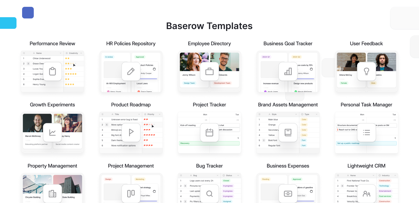 Baserow templates gallery showcasing ready-to-use database templates for performance reviews, HR policies, employee directories, business goals, user feedback, product roadmaps, project tracking, CRM, expenses, and operational workflow management.