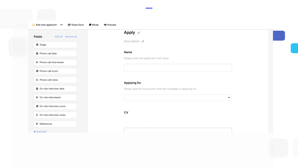Applicant tracking system form in Baserow with fields for candidate details, interview scheduling, and references.