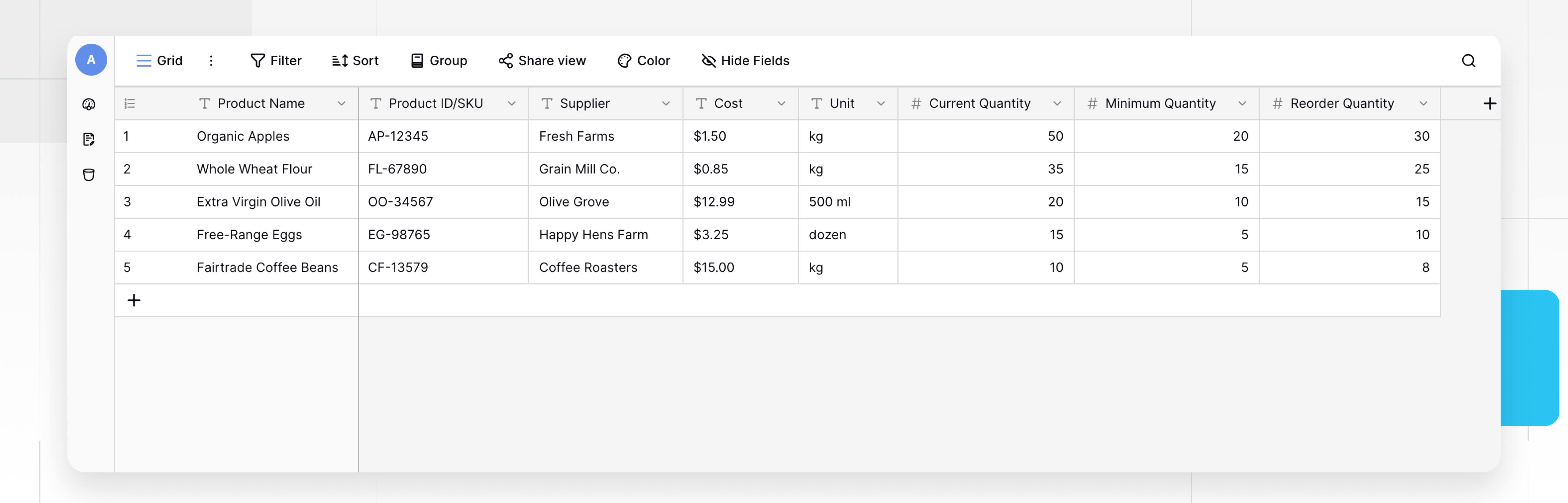 Inventory tracking table showing product name, SKU, supplier, cost, unit, current quantity, minimum quantity, and reorder quantity in Baserow.