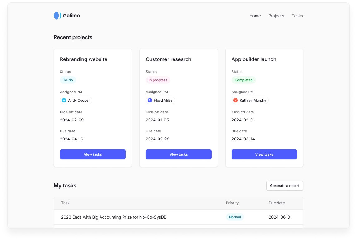 A project dashboard interface titled ‘Galileo’ displaying recent projects as cards. Each card shows project name, status, assigned project manager, kick-off date, due date, and a ‘View tasks’ button. Projects displayed include Rebranding Website, Customer Research, and App Builder Launch. Below the cards is a ‘My tasks’ section with a task list showing task name, priority, and due date.