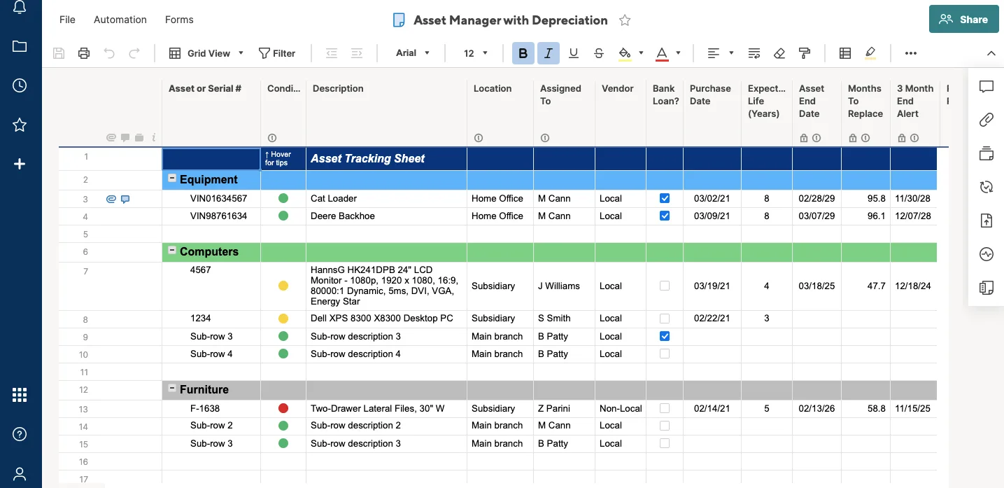Smartsheet asset tracking sheet with equipment inventory, assigned team members, purchase dates, and depreciation details.