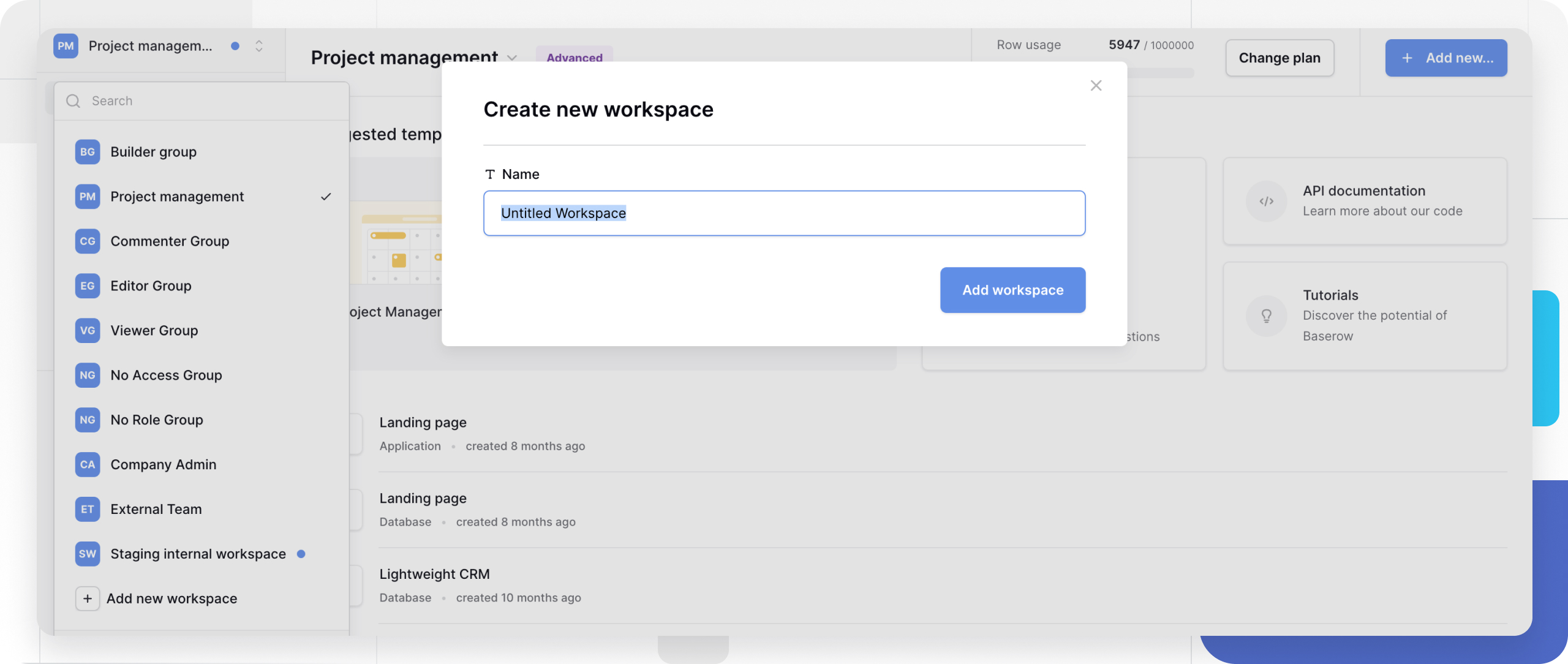 Create new Baserow workspace
