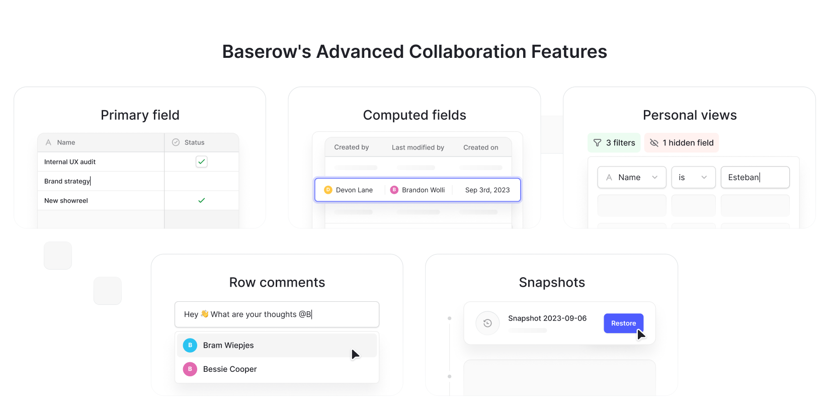 Baserow’s advanced collaboration features including primary fields, computed fields, personal views, row comments, and snapshots for efficient teamwork.