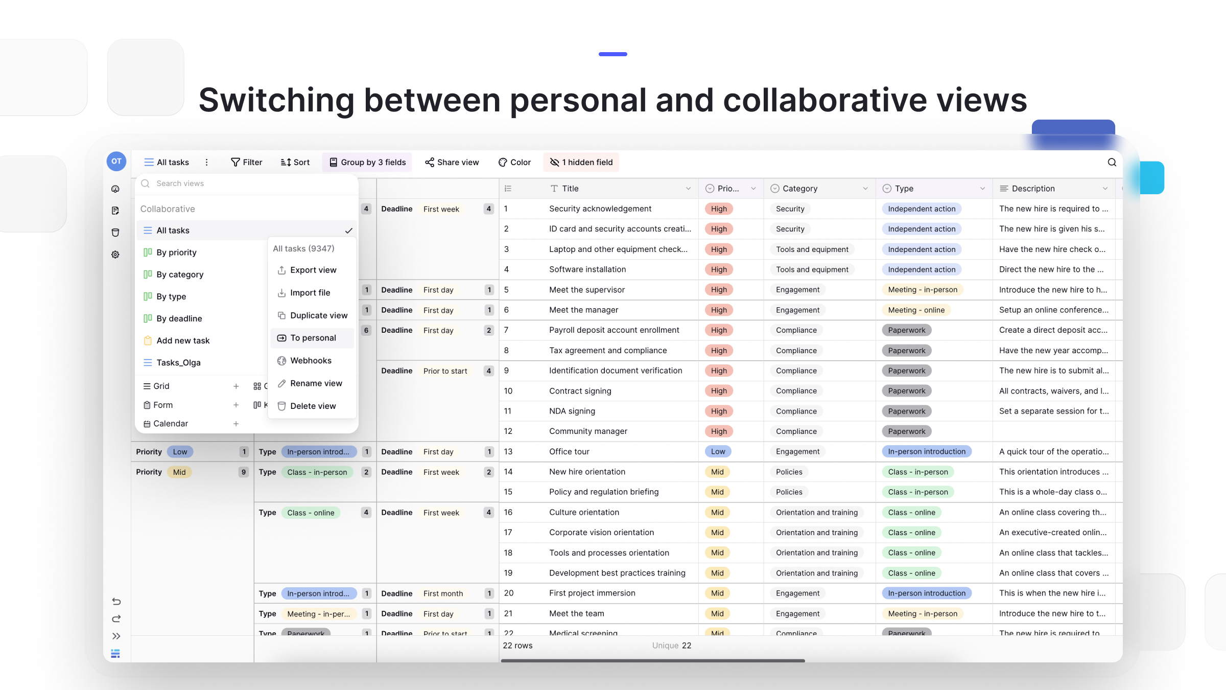 aserow interface showing how users can switch between personal and collaborative views, with task categories, priorities, and deadlines displayed in a structured database layout.