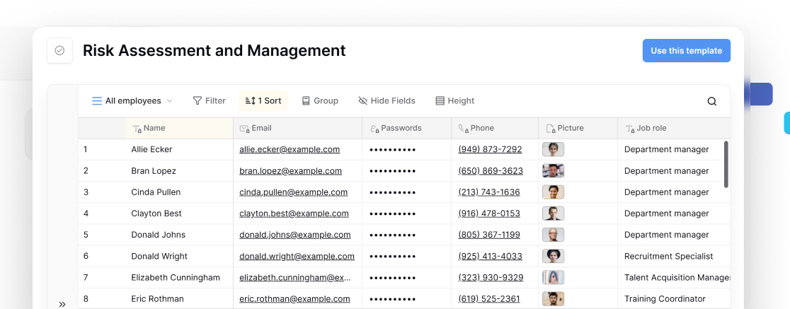 Risk assessment and management template in Baserow showing employee data with job roles, emails, and phone numbers in a structured database format