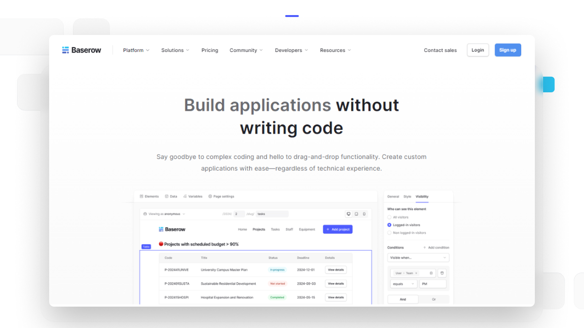 Baserow interface showing how users can build applications without writing code using a drag-and-drop visual builder, customizable database tables, and page settings.