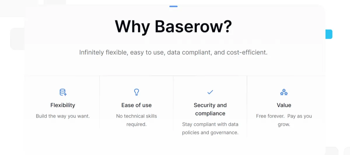 Graphic titled "Why Baserow?" showcasing four key benefits: Flexibility, Ease of use, Security and compliance, and Value. Includes supporting text emphasizing no-code setup, data governance, and scalable pricing