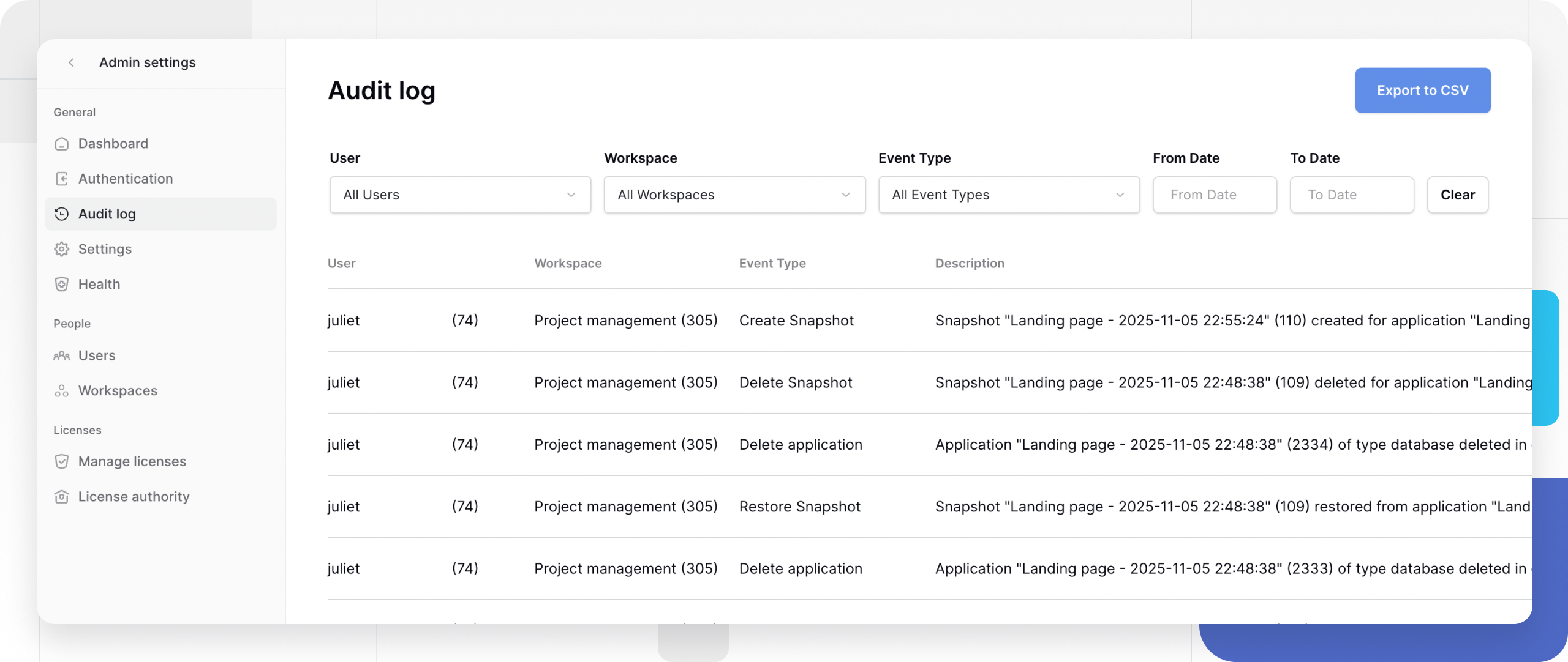 Audit log interface in admin panel