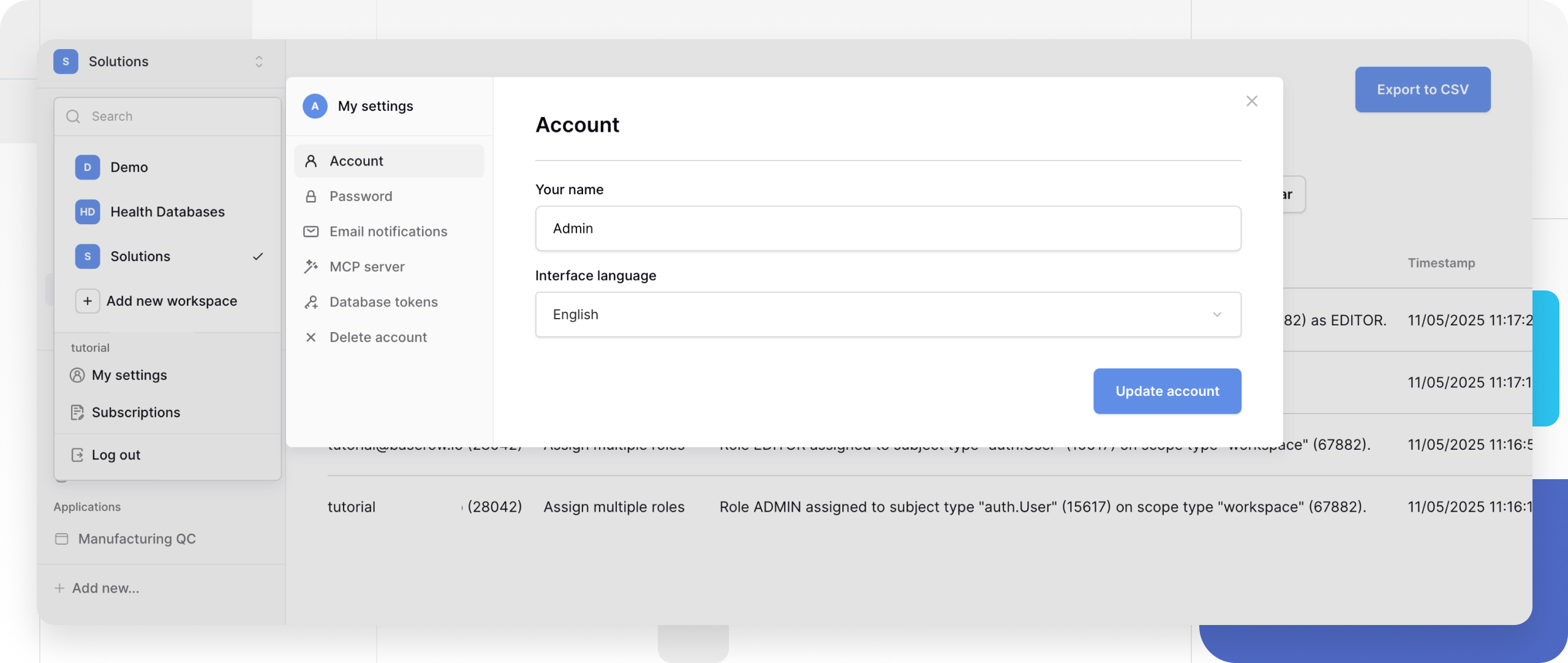 Baserow Account settings image
