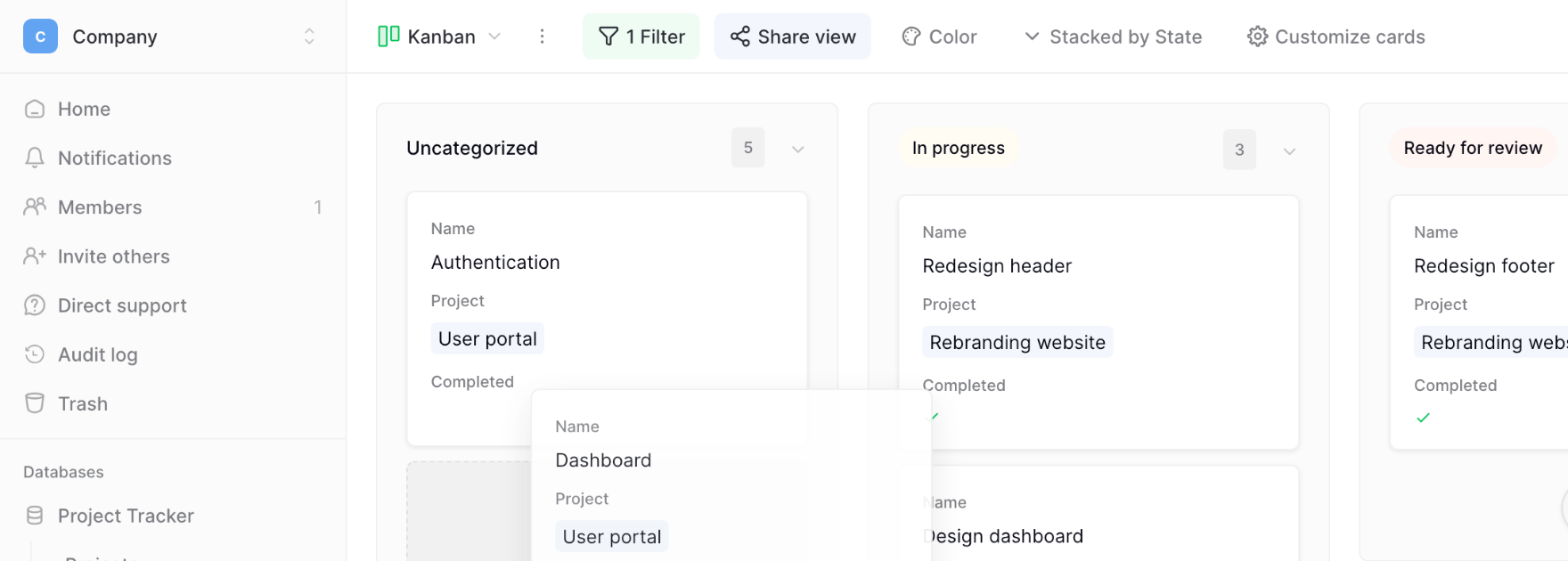 Kanban view showing cards organized by status