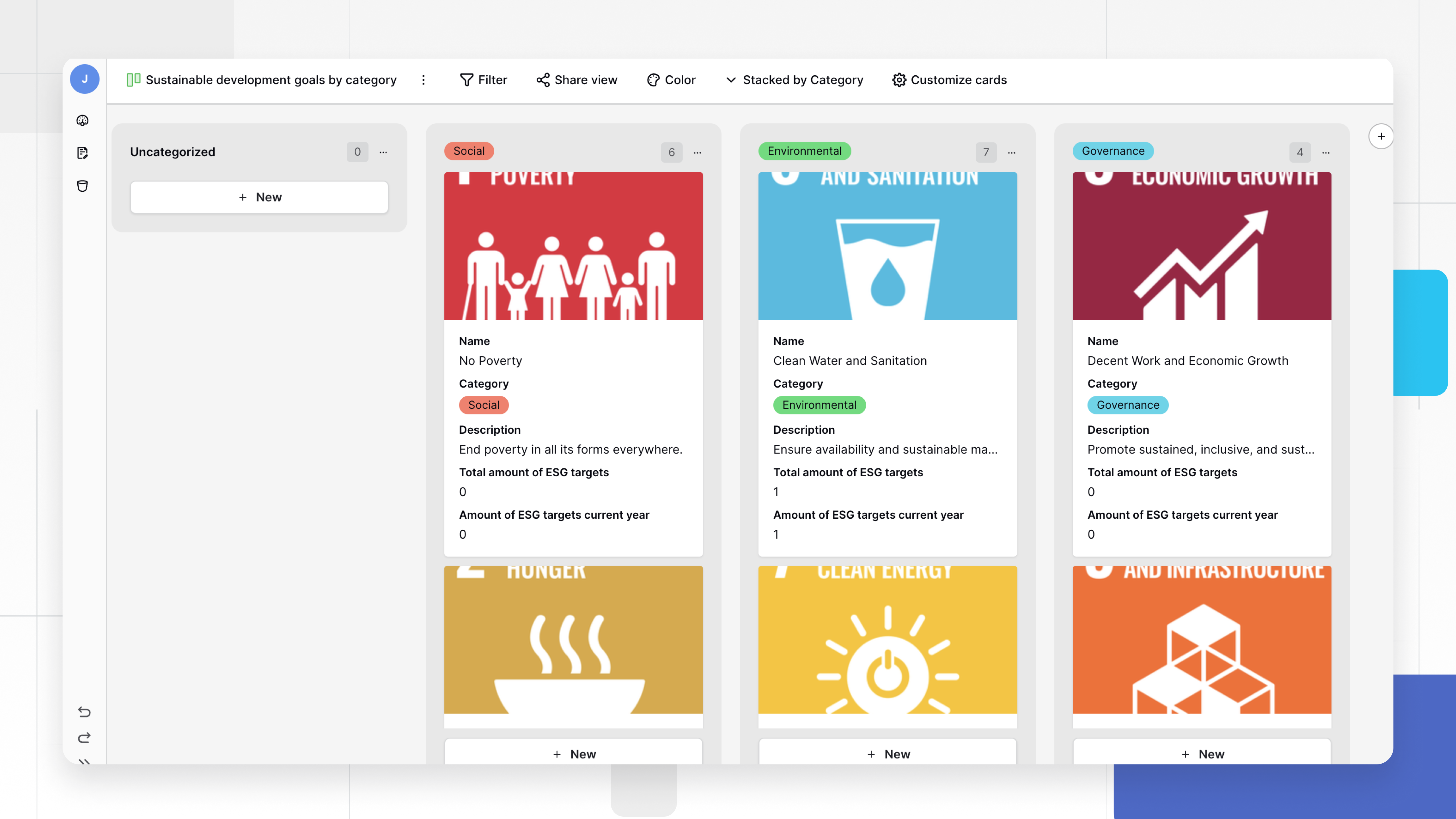 Spreadsheet-style view in Baserow displaying all Sustainable Development Goals, categorized as Social, Environmental, and Governance, with fields for descriptions, icons, ESG targets, and current year progress.