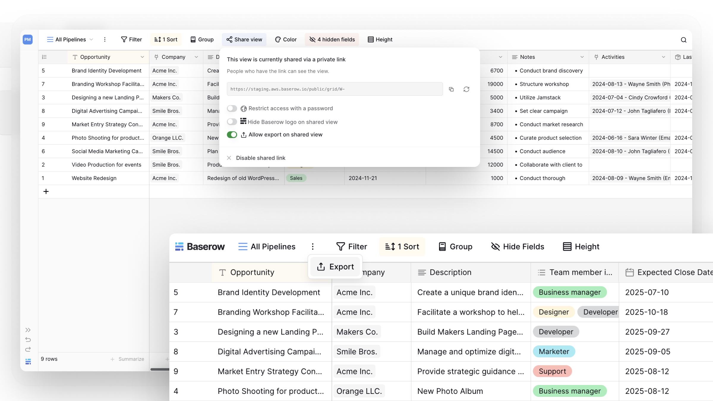 Export publicly shared view in Baserow