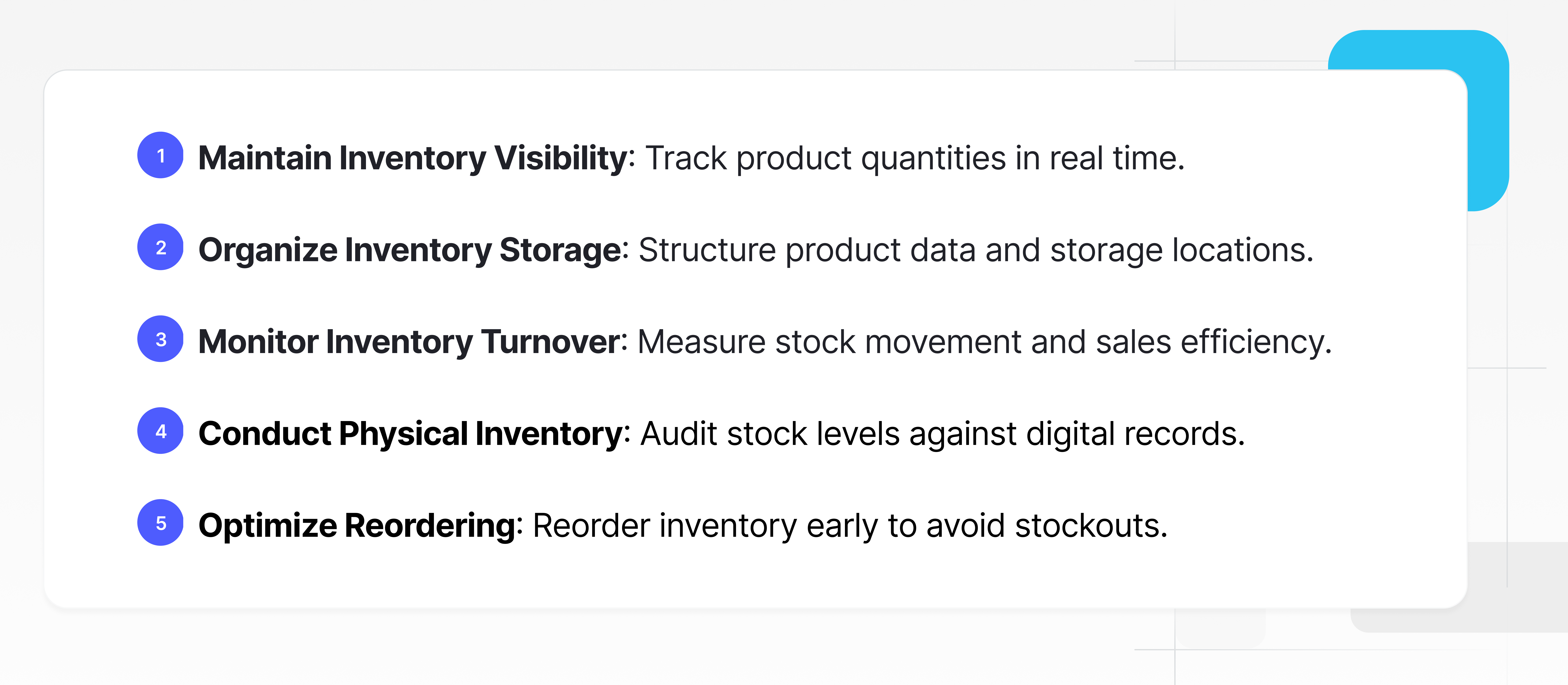inventory management process showing inventory visibility, turnover monitoring, physical inventory checks, and stock reorder optimization