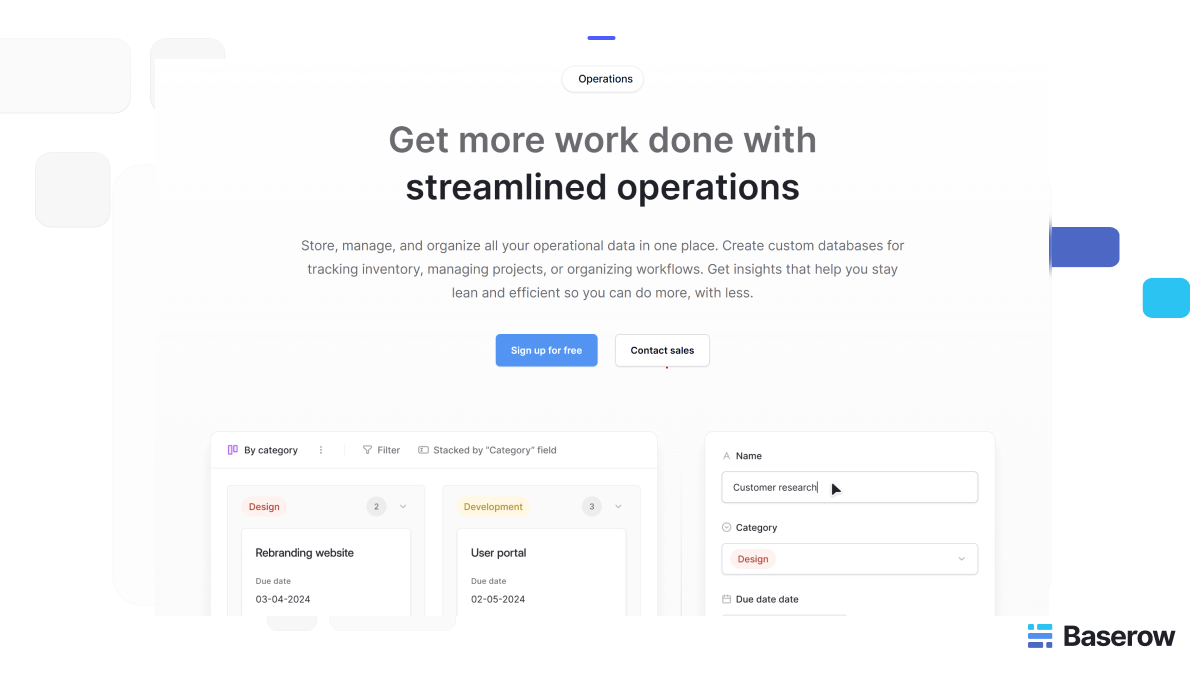 Operations dashboard interface in Baserow showing streamlined workflow management, operational data tracking, project organization, and real-time collaboration for product and operations teams.