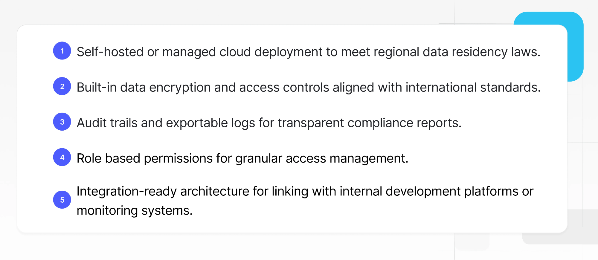 List of Baserow’s compliance features such as self-hosted deployment, data encryption, audit trails, role-based permissions, and integration-ready architecture.