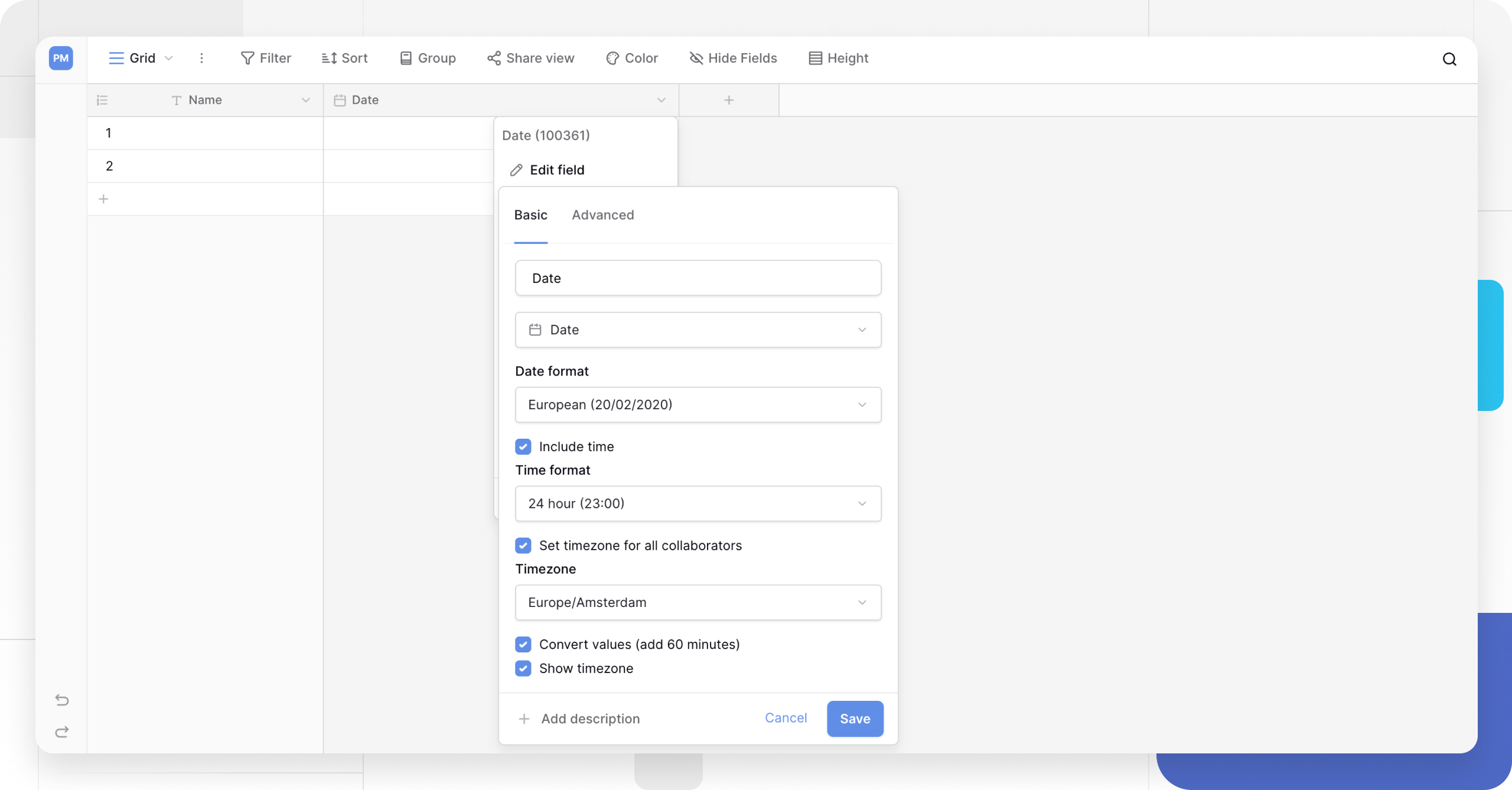 Adding a new date field in Baserow