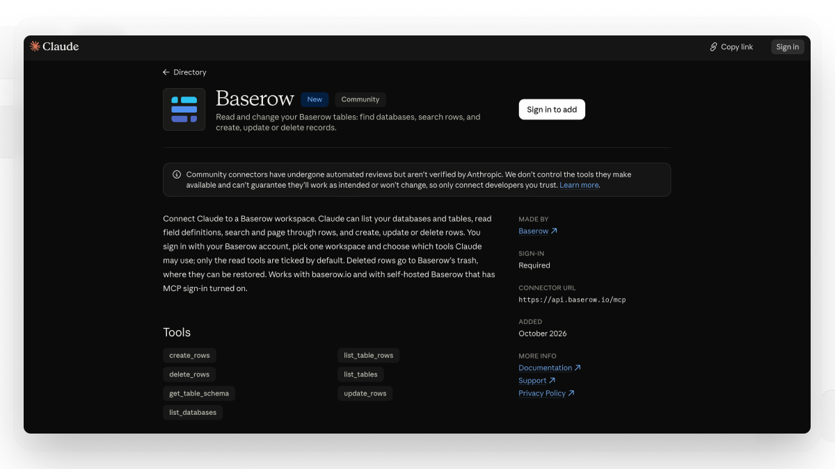 Baserow listing in the Claude directory