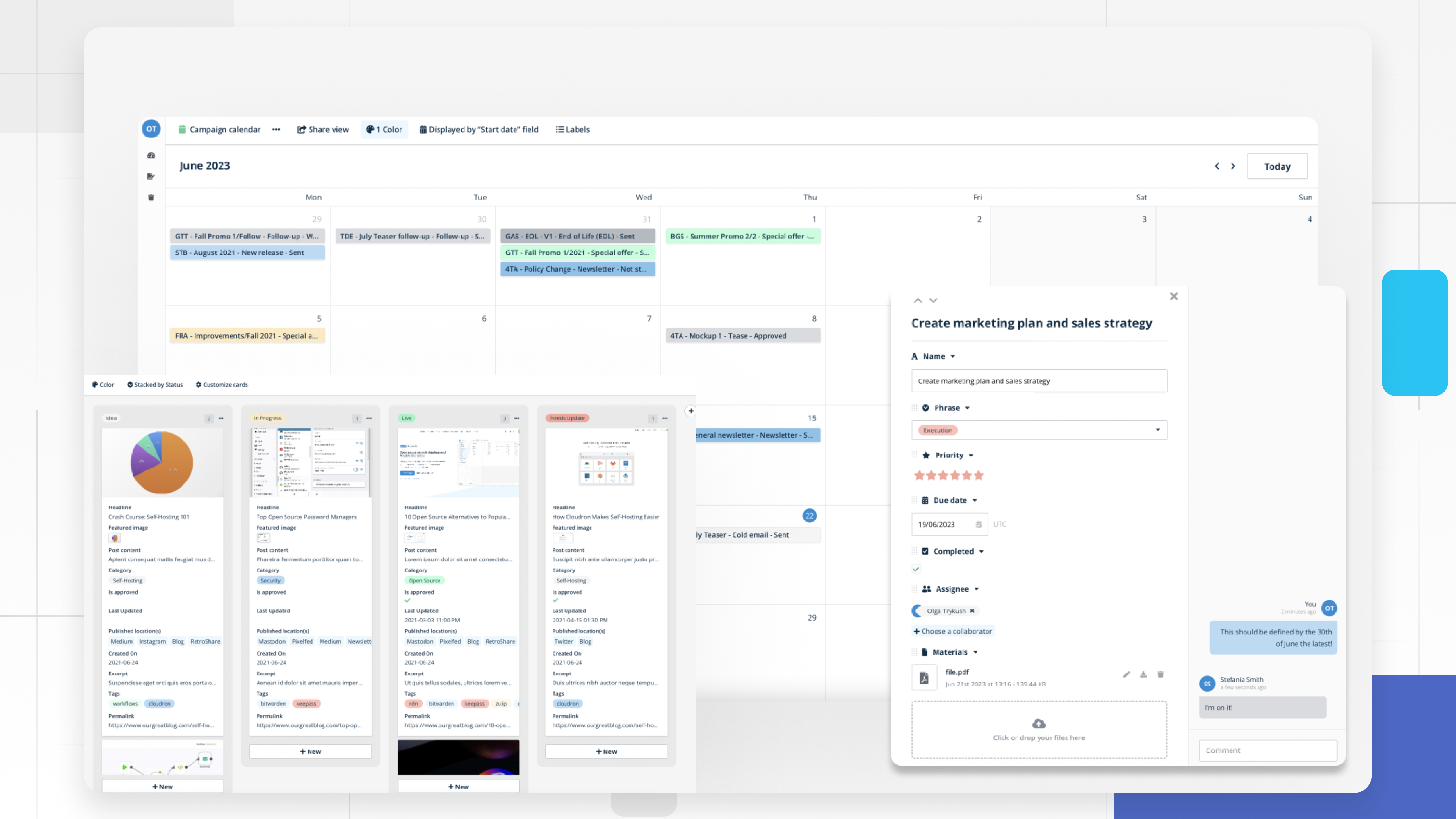 Baserow campaign calendar, content Kanban board, and marketing task details with an assignee, deadline, and comments.
