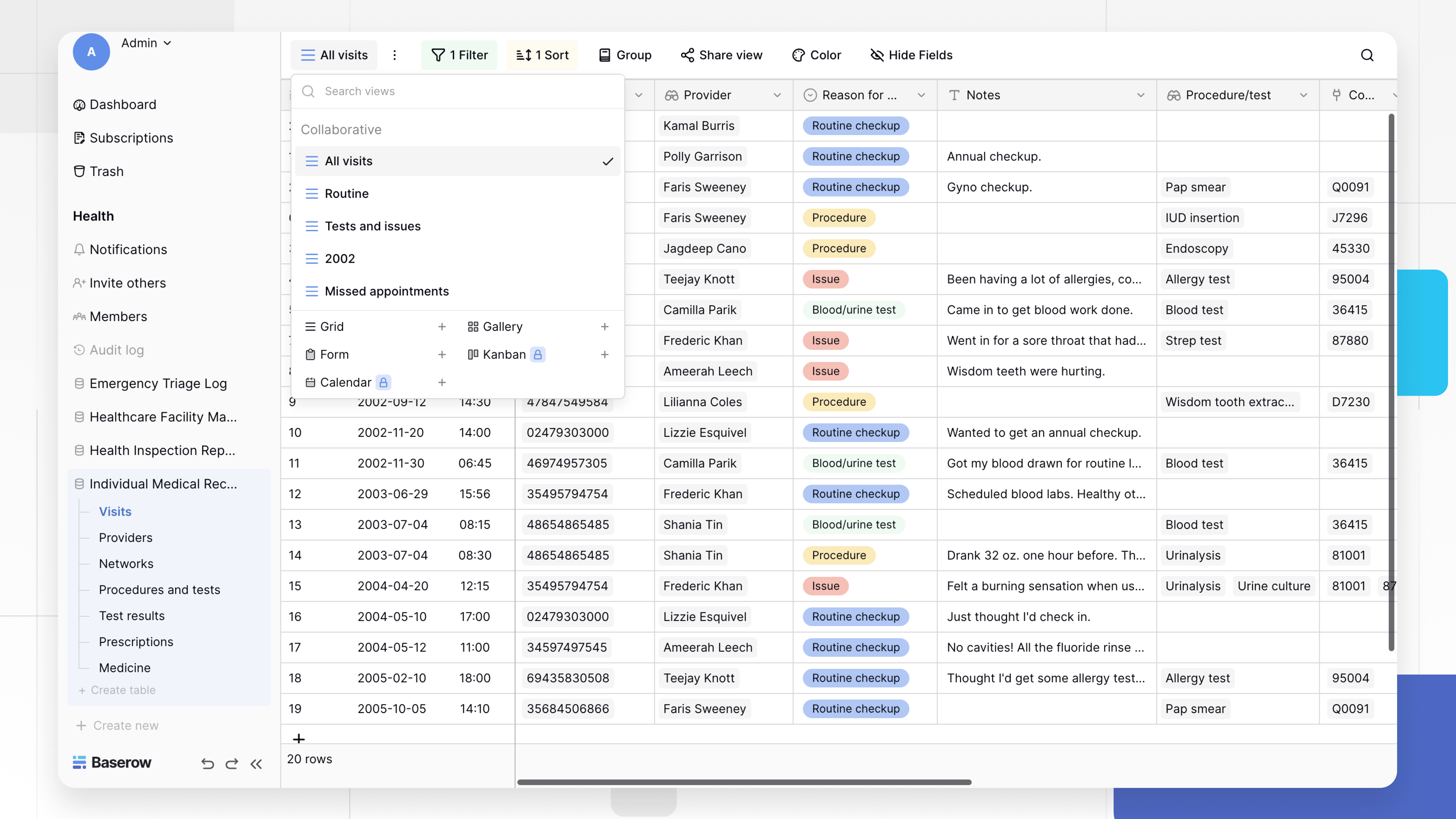 Screenshot of Baserow’s EHR dashboard showing patient records, medical visits, and test results organized in customizable data tables for healthcare workflows.