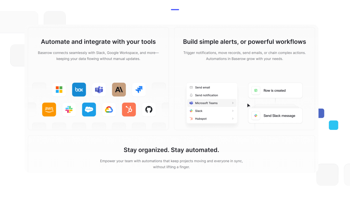 Illustration of Baserow automations showing integrations with tools like Slack, Google Workspace, Salesforce, HubSpot, and Microsoft Teams, alongside workflow examples including sending notifications and Slack messages when a row is created, highlighting how Baserow connects apps and builds automated alerts or workflows.