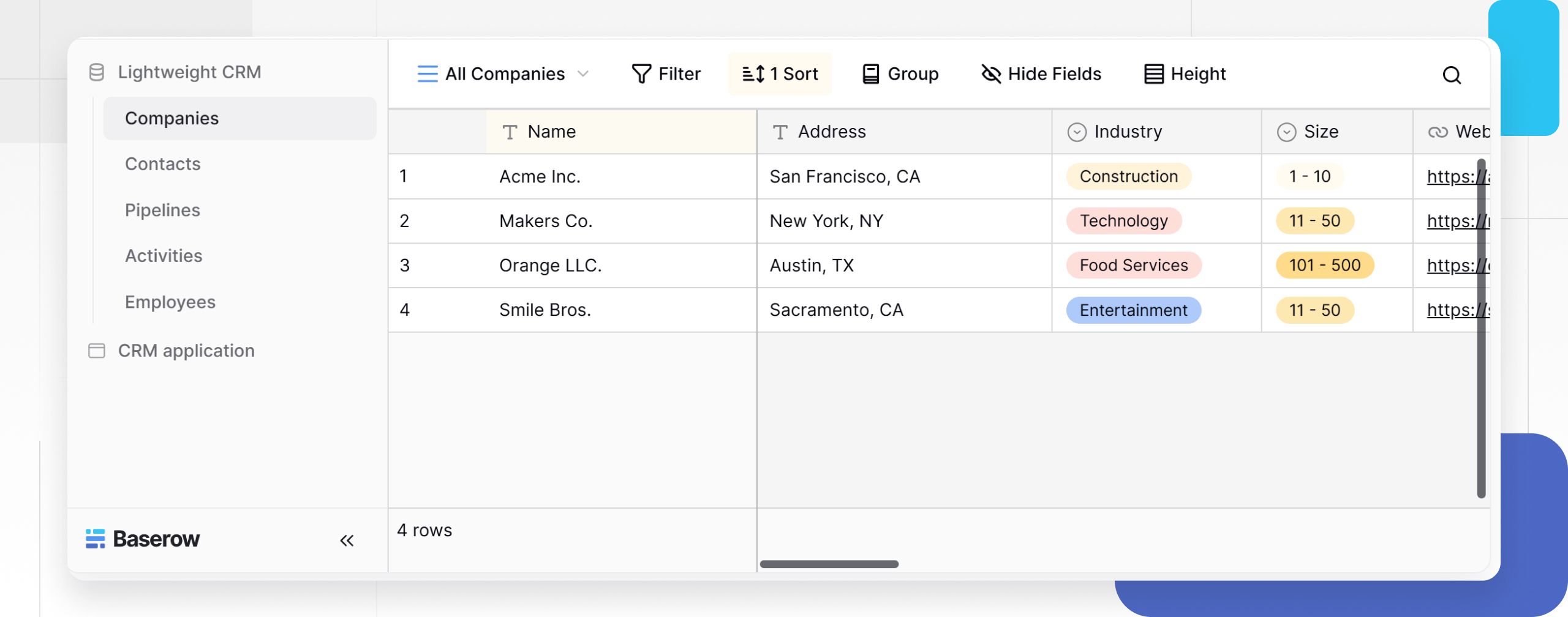 Baserow Lightweight CRM showing company names, addresses, industries, and sizes, alongside tables for contacts, pipelines, and activities