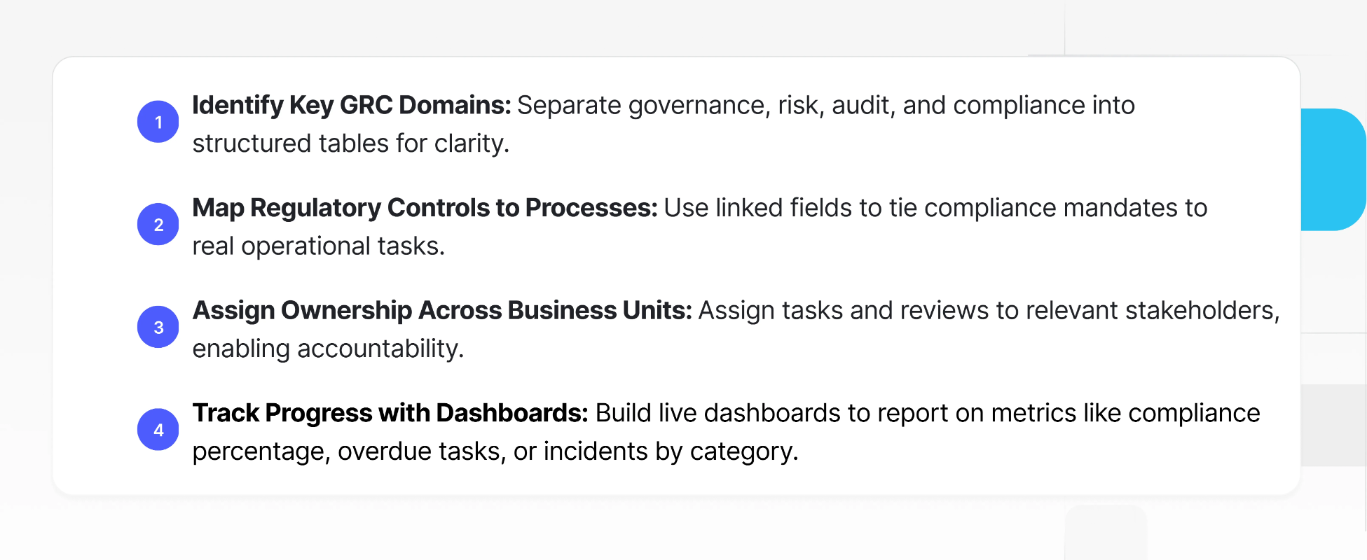 Visual list of four steps to implement a GRC program using Baserow: define domains, map controls, assign ownership, and track dashboards