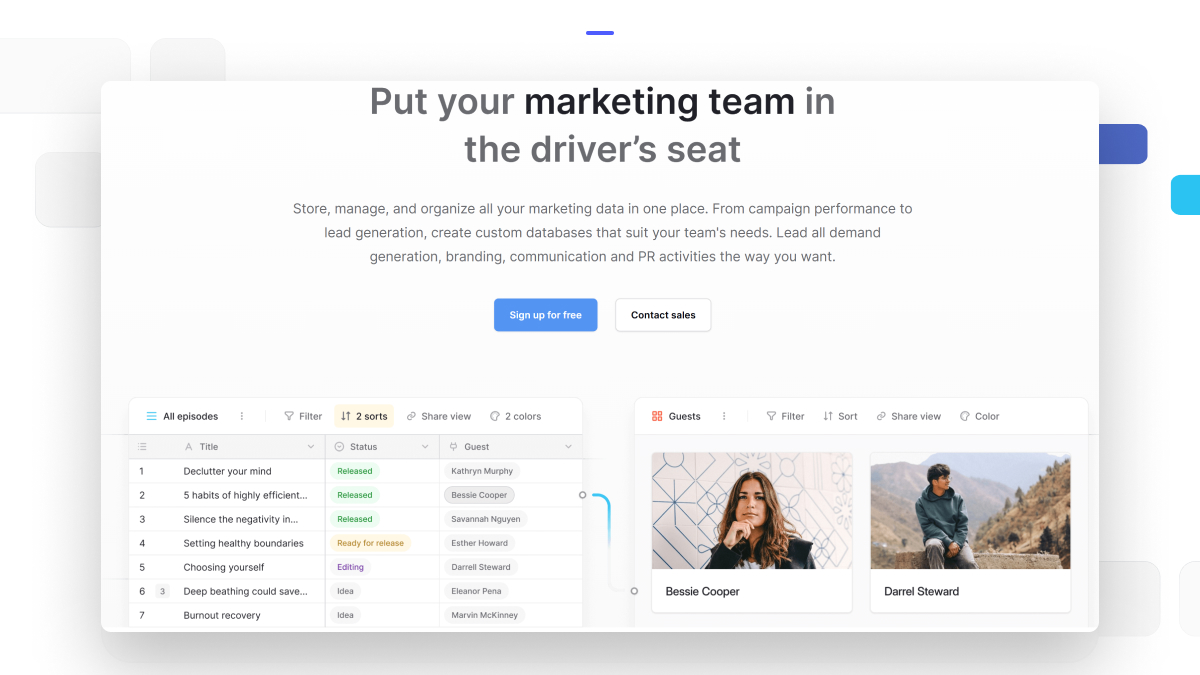 A Baserow dashboard displaying marketing data and team profiles for managing campaigns, guests, and performance in one collaborative workspace