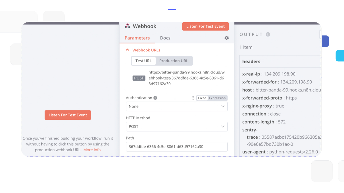 n8n webhook setup for applicant tracking system integration with Baserow, showing test and production URL options.